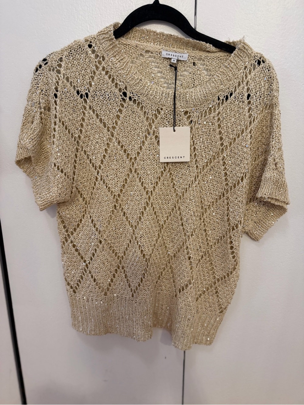 Crescent Neutral Open-Knit Sequin Short Sleeve Sweater